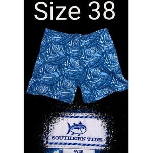 Southern Tide Stretch Mens Size 38 AOP Palm Tree Shorts Blue White